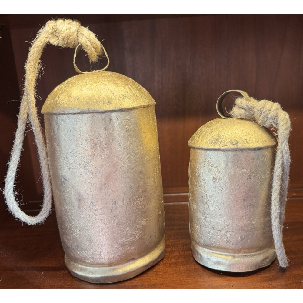 Rustic Metal BellSet of 2‎ Rope Hanging Farmhouse Cottage Decor
